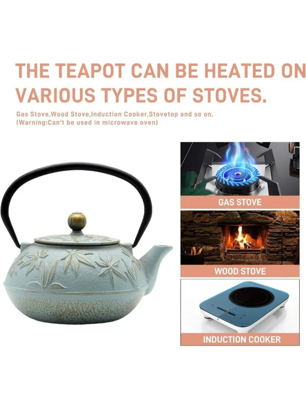 Blue Cast Iron Kitchen Japanese Teapot 30.4oz Stovetop Maple Leaves  Infuser